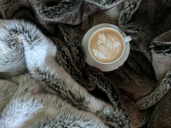 Coffee cup on fuzzy blanket